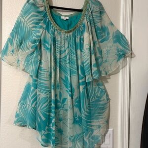 Silk mint green mini caftan in leaf print. Flowy and comfortable.